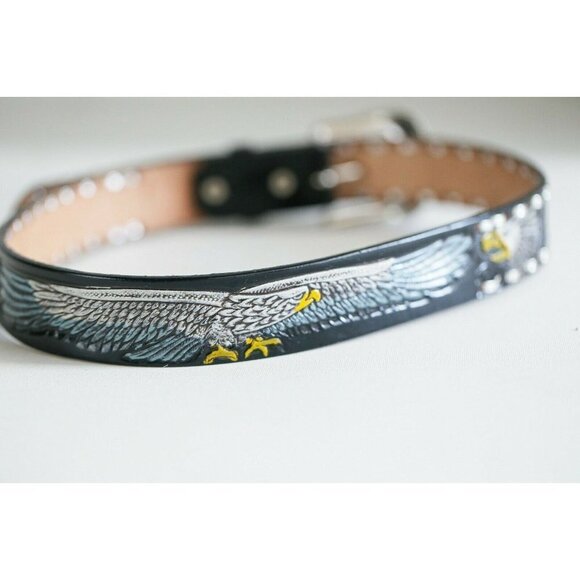 Hand Tooled Painted Bold Eagle Whipstitch Black Leather Belt - Picture 7 of 8